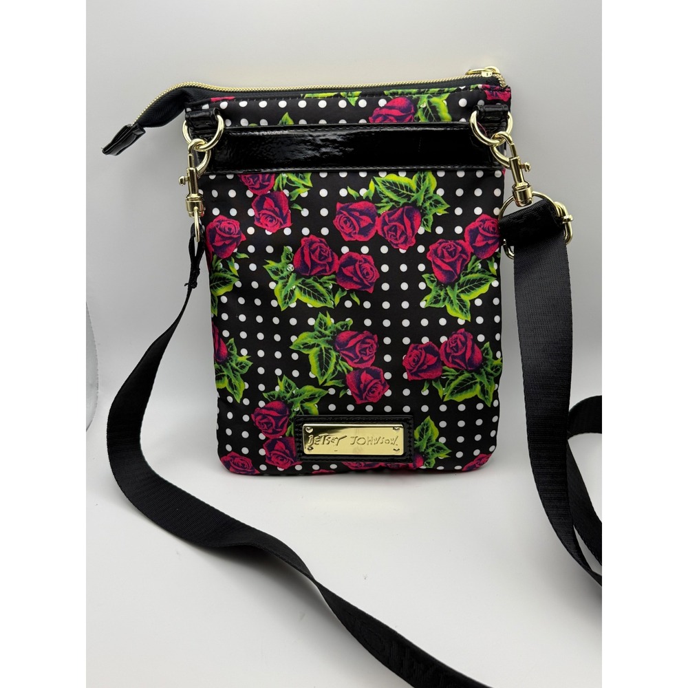 Betsey Johnson Rose‎ Polka Dot Crossbody Bag Black Floral Nylon Loo Strap Purse